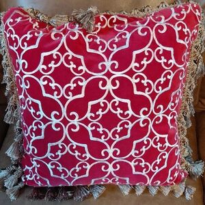 Velvety Soft Red Beige Pillow Tassels Trim 19"